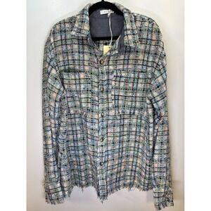 mnml Raw Edge Flannel Shirt Jacket Blue White Plaid Tweed Frayed Hem Men's L